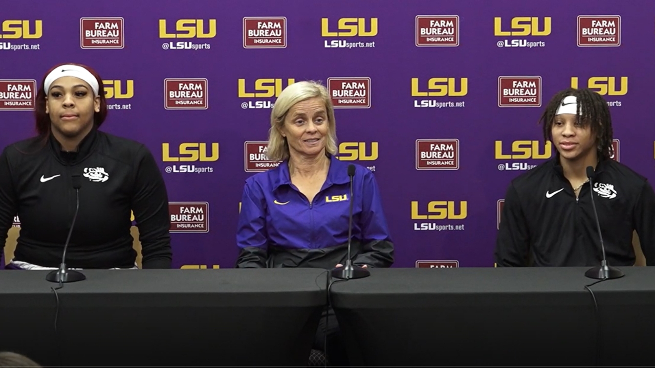 LSU women's basketball presser. Coach Kim Mulkey, Gusters and Cherry