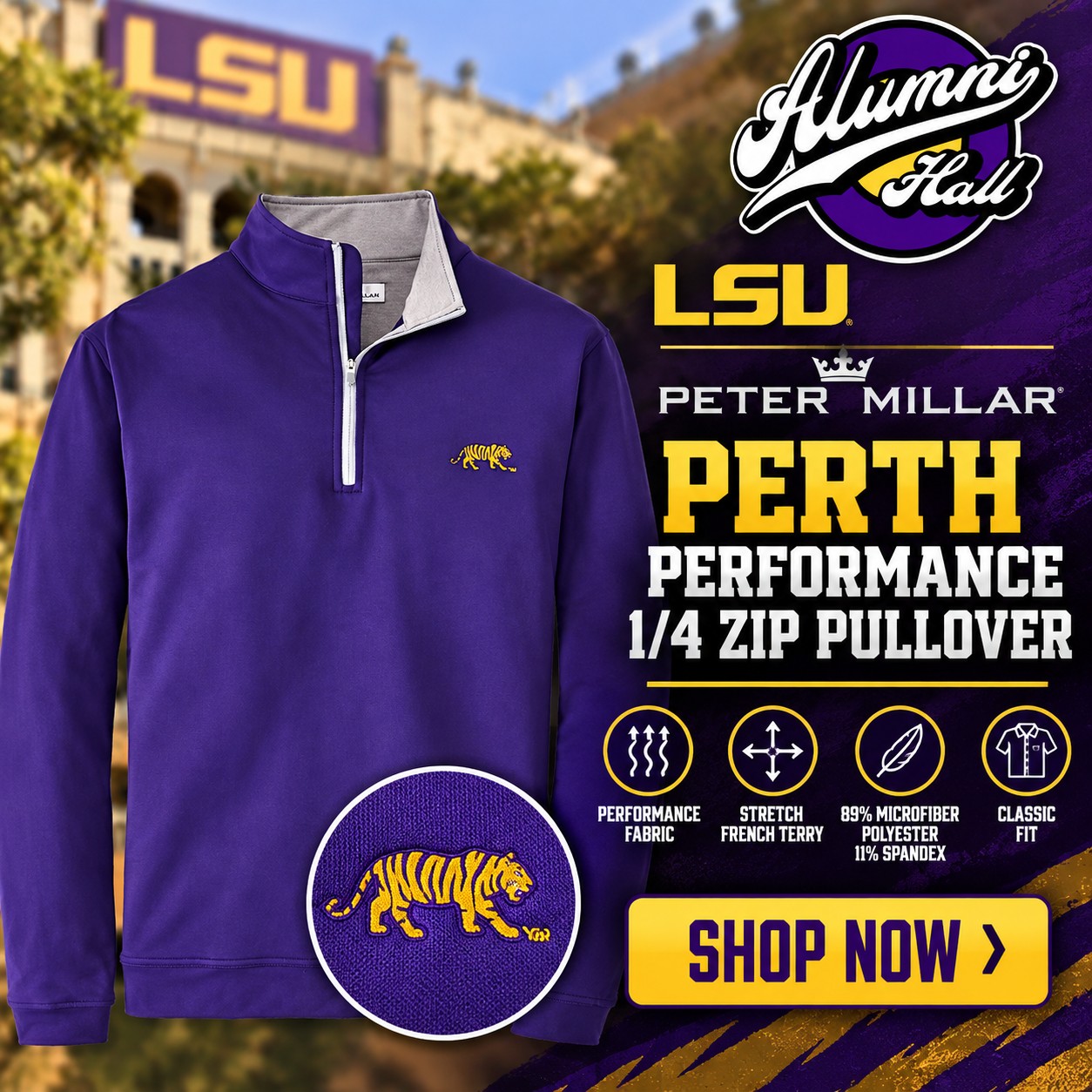 LSU Peter Millar Perth Performance 1/4 Zip Pullover at Alumni Hall