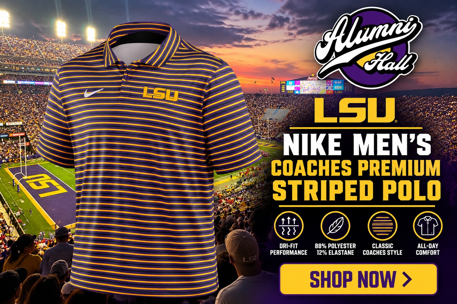 LSU Nike Men's Coaches Premium Striped Polo at Alumni Hall